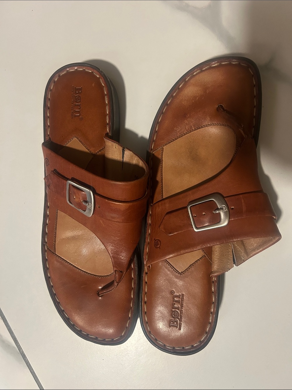 Born Men's Cognac Leather Slide Sandals with Silver Buckles